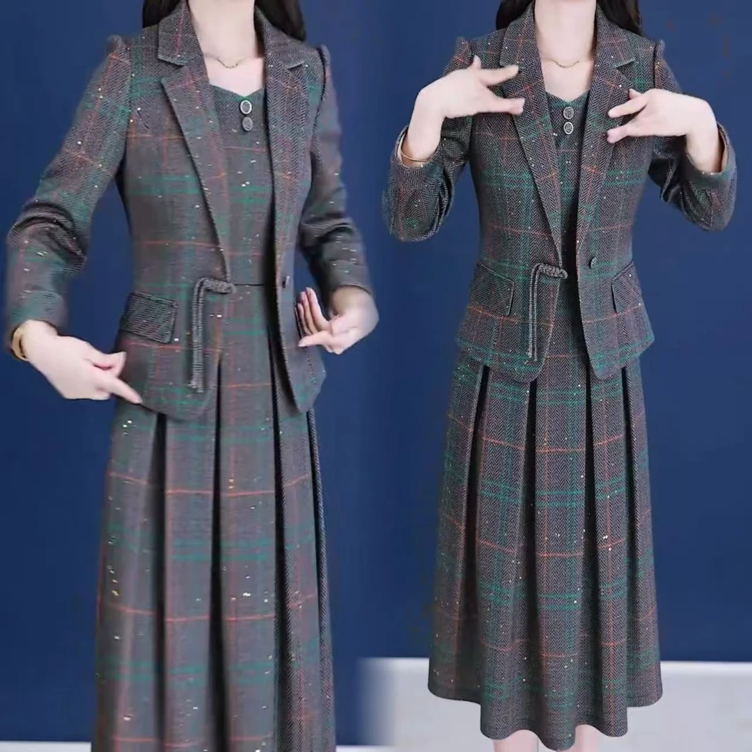 高档两件套西装连衣裙女2025春秋新款遮肚子显瘦气质妈妈套装女