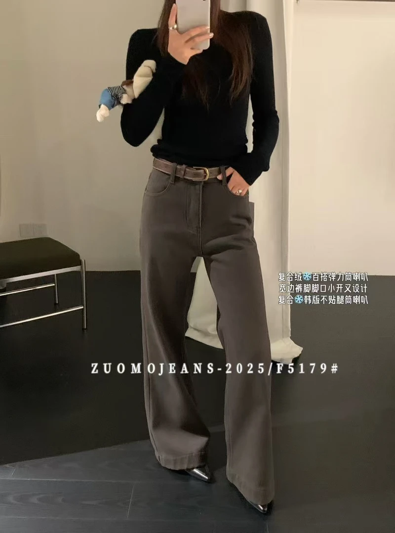 ZUOMO佐陌-F5179-1复古军绿色不贴腿筒喇牛仔裤【裤长103】复合绒