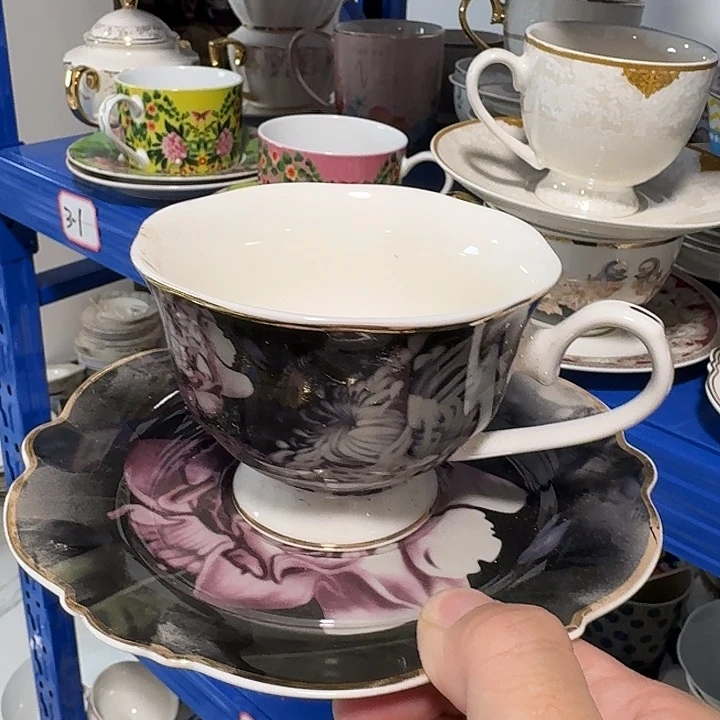 瓷黑花咖啡杯35米两套