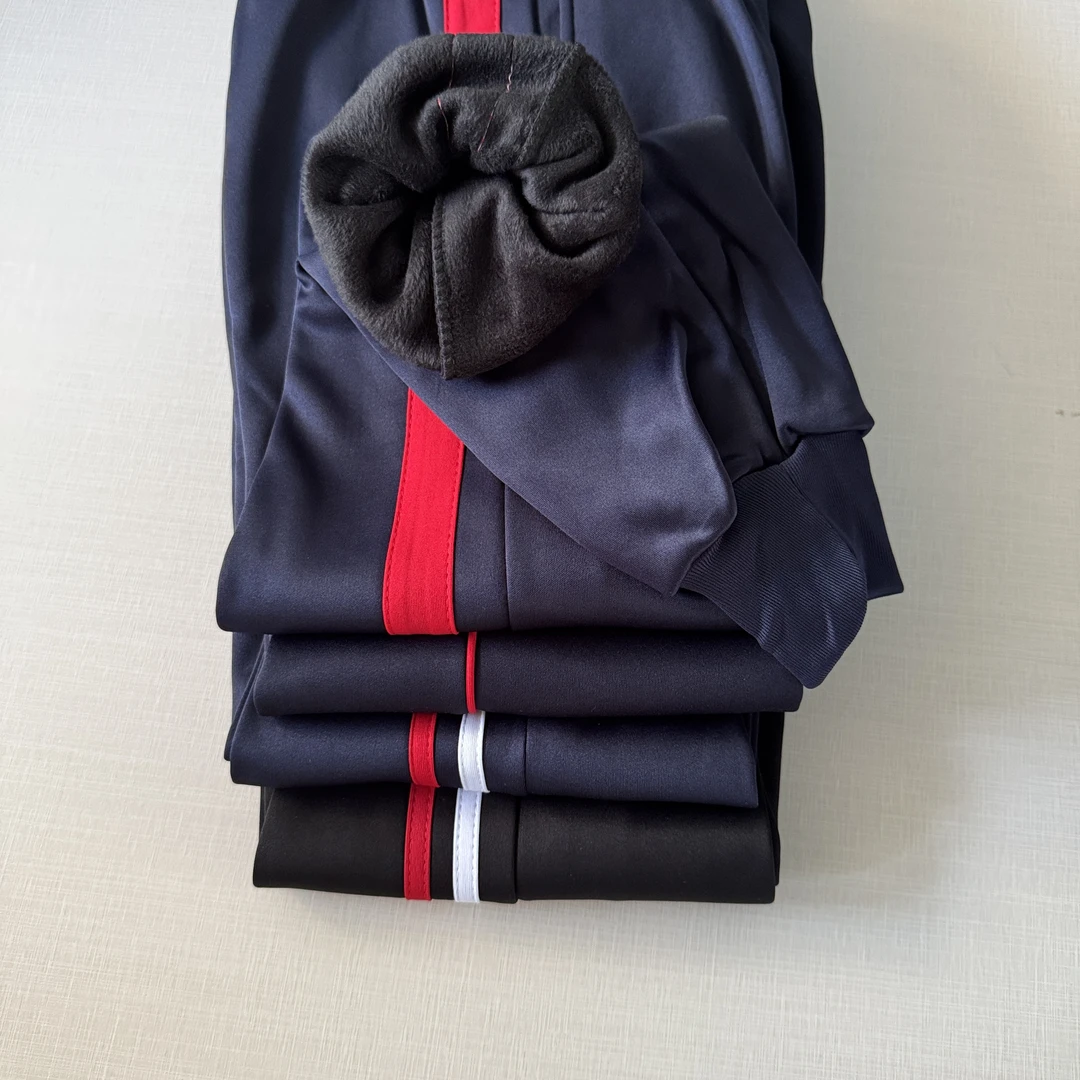 藏蓝色白红条加绒束脚学生校服裤子秋冬宽松休闲长裤保暖