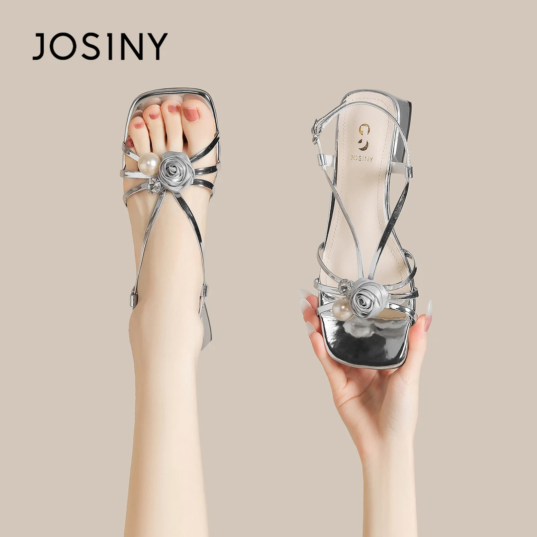 卓诗尼罗马凉鞋女款夏季2025新款外穿配裙子银色法式露趾粗跟女鞋