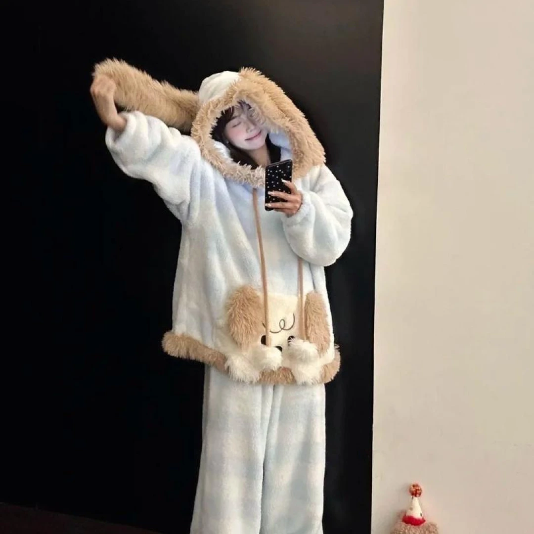 【蓝色小狗套装】睡衣带袖子毛绒睡衣加厚睡衣可外穿甜美宽松显瘦