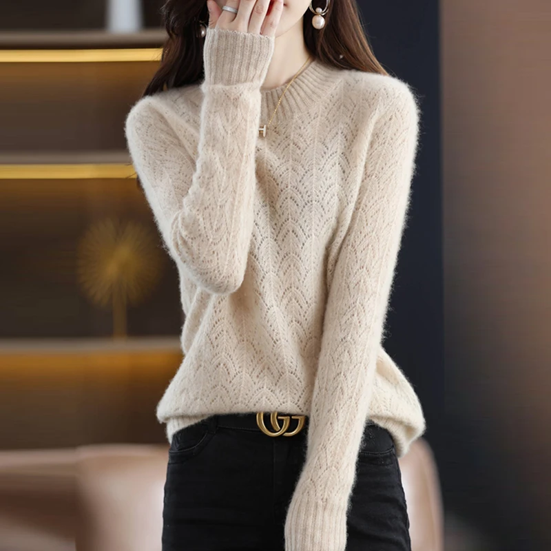 2025秋冬新款女士半高领纯色不缩水圆领羊毛针织衫镂空内搭加厚