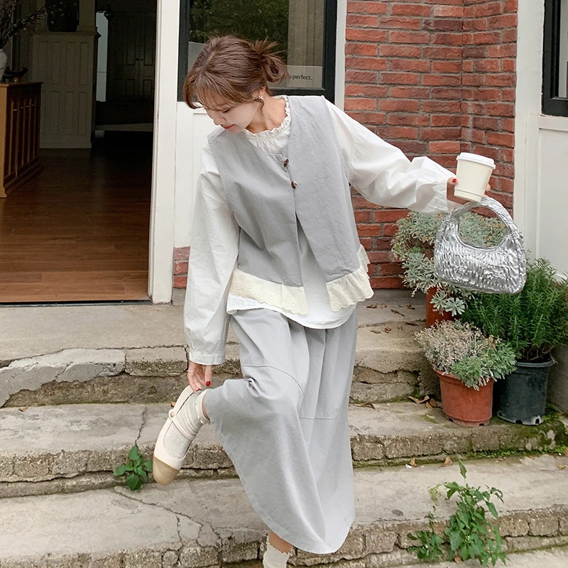 蕾丝拼接马甲阔腿裤套装女秋2025新款两件套小香风打底衫三件套
