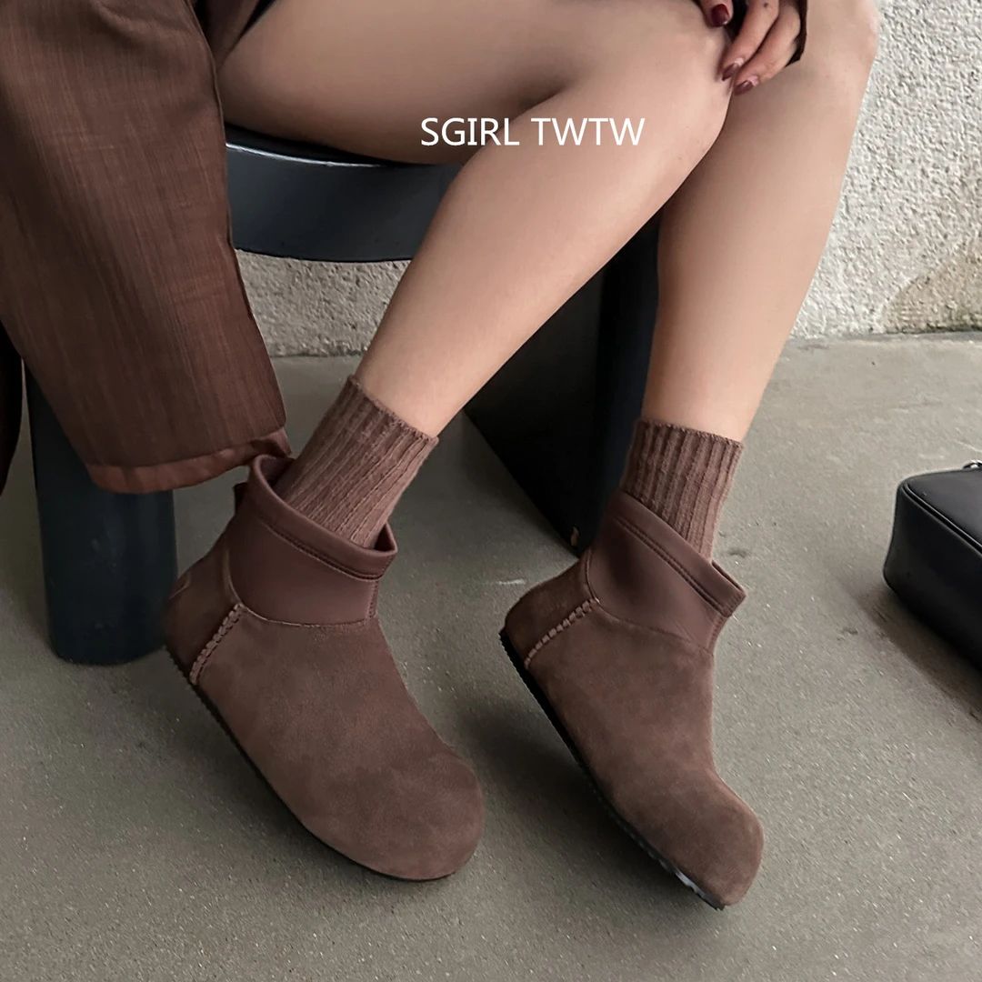 SGIRL TWTW真皮平底低筒短靴子超软百搭大头时装靴切尔西靴女靴潮