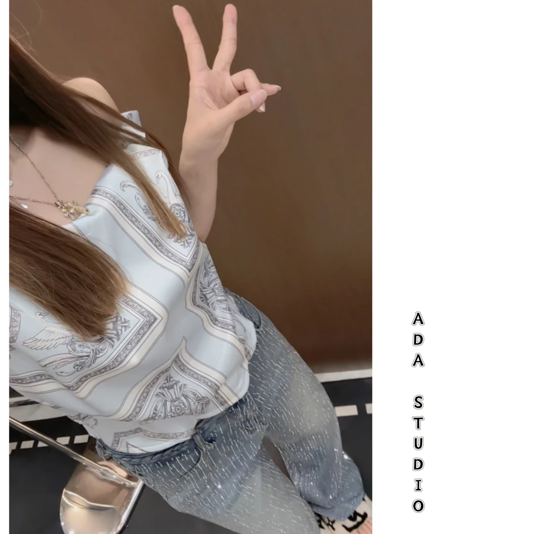 Ada定制【小香玩家】蓝色一字领印花设计感收腰显瘦气质短款上衣