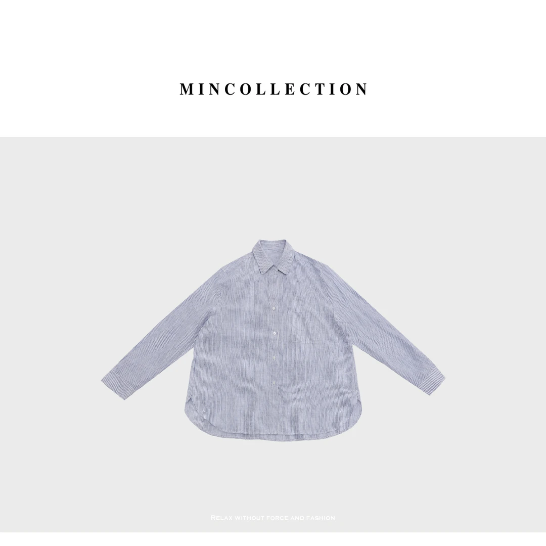 DE Mincollection条纹麻衬衫/夏季清爽蓝白条宽松亚麻长袖衬衫