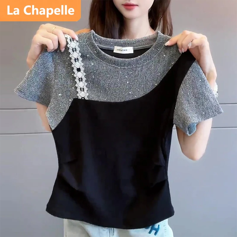 拉夏贝尔韩版拼接圆领老钱风短袖T恤女显瘦拼色时尚百搭上衣小众