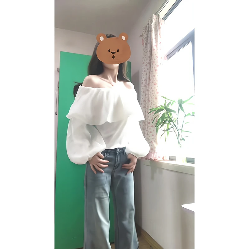 2025新款女士早秋季法式一字肩荷叶边白色露肩长袖衬衫上衣阔腿裤