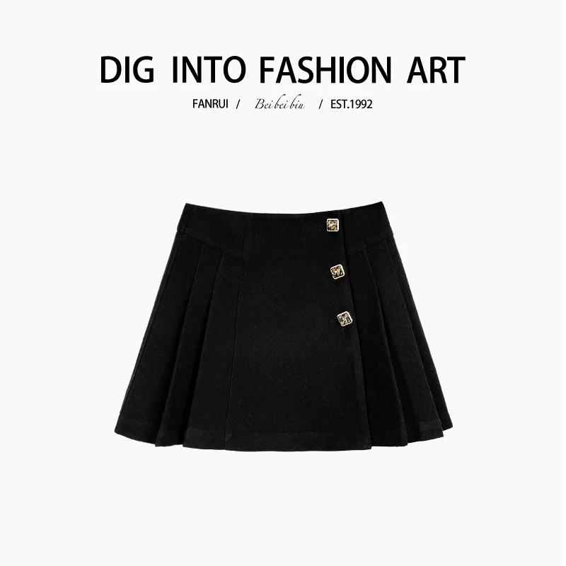 FANRUI/泛芮「璀璨宝石 」斜扣设计百褶裙冬款显瘦半身裙女B14238