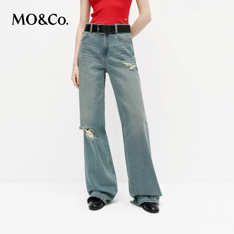 MOCO牛仔裤2025春新品做旧破洞猫须宽松棉质中腰长直筒MBE1JENT05