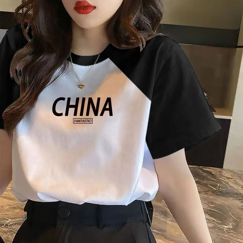 2025宽松黑领上衣女印花圆领夏季新款设计感拼接棉正肩短袖T恤女