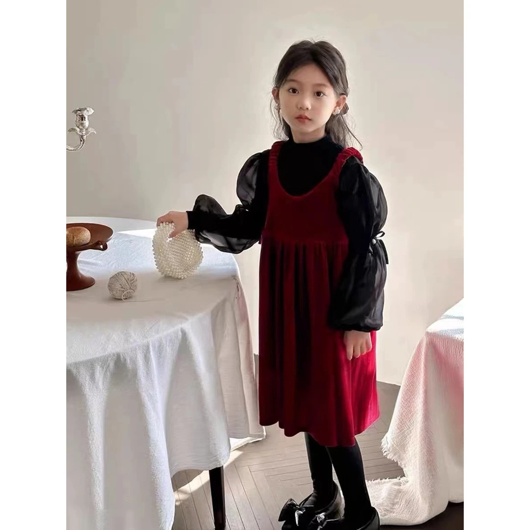 女童2024冬季新款洋气加绒泡泡袖打底衫丝绒连衣裙两件套A4532