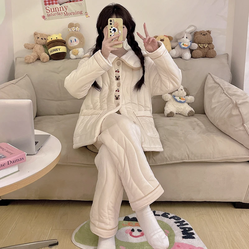 三层夹棉睡衣女秋冬季新款珊瑚绒可外穿加厚加绒保暖家居服套装63