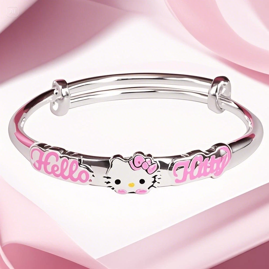 足银手镯 足银手镯 02号 KT猫珐琅彩推拉实心足银手镯