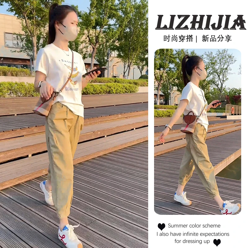 2025夏季新款卡通印花宽松休闲短袖上衣百搭显瘦遮肉哈伦裤两件套