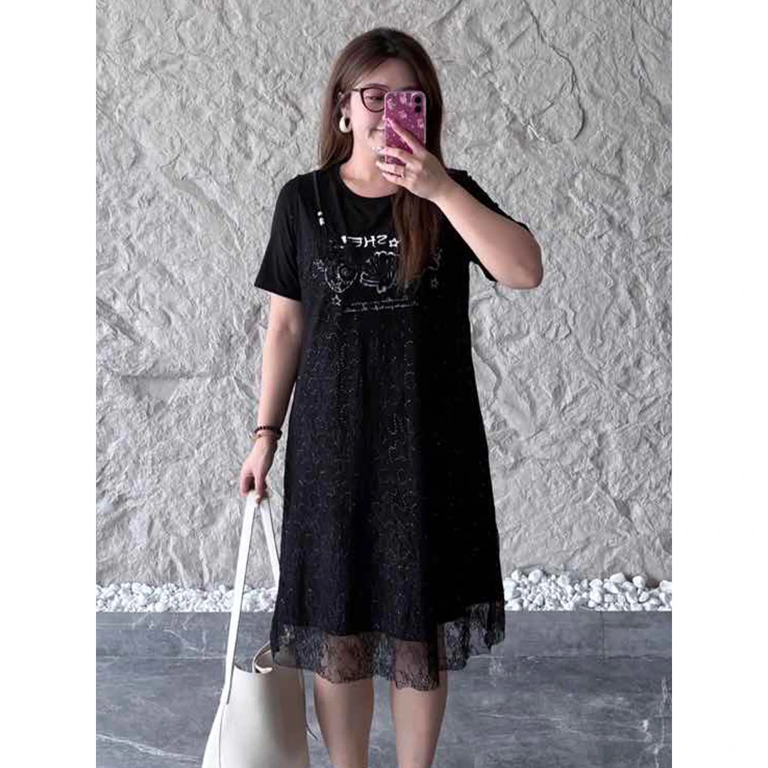 MsShe大码女装2025秋闪粉印花珠片提花蕾丝假两件连衣裙Q2506038