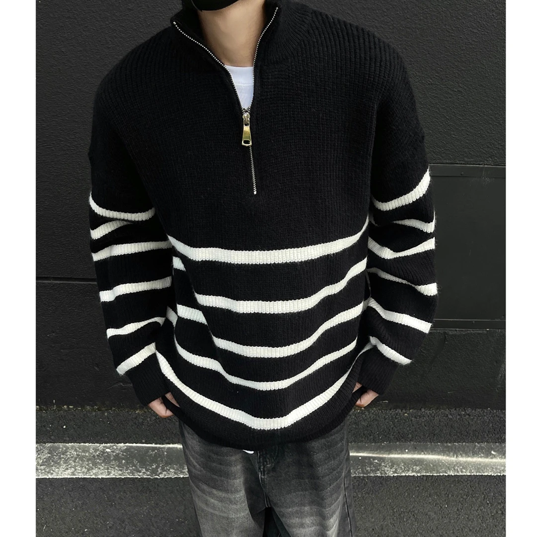 黑白条纹立领半拉链毛衣男秋冬季休闲宽松慵懒风套头针织衫外套