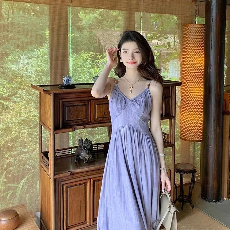 法式紫色无袖吊带连衣裙子女夏季新款海边度假沙滩长裙高级感