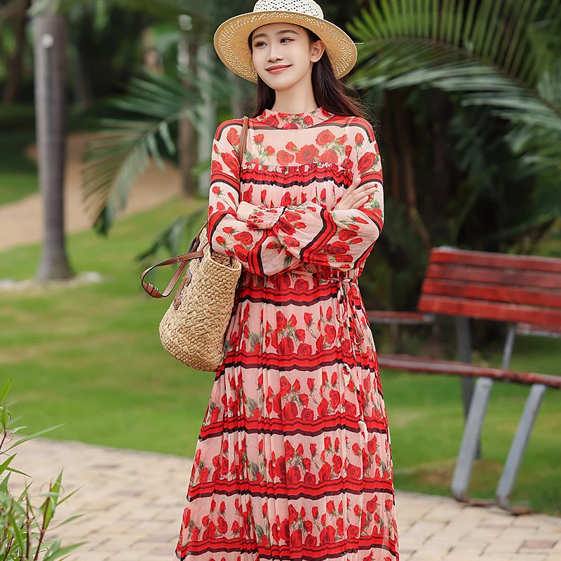 拜占庭的森林桑蚕丝连衣裙高端印花收腰宽松显瘦气质时尚百搭长款