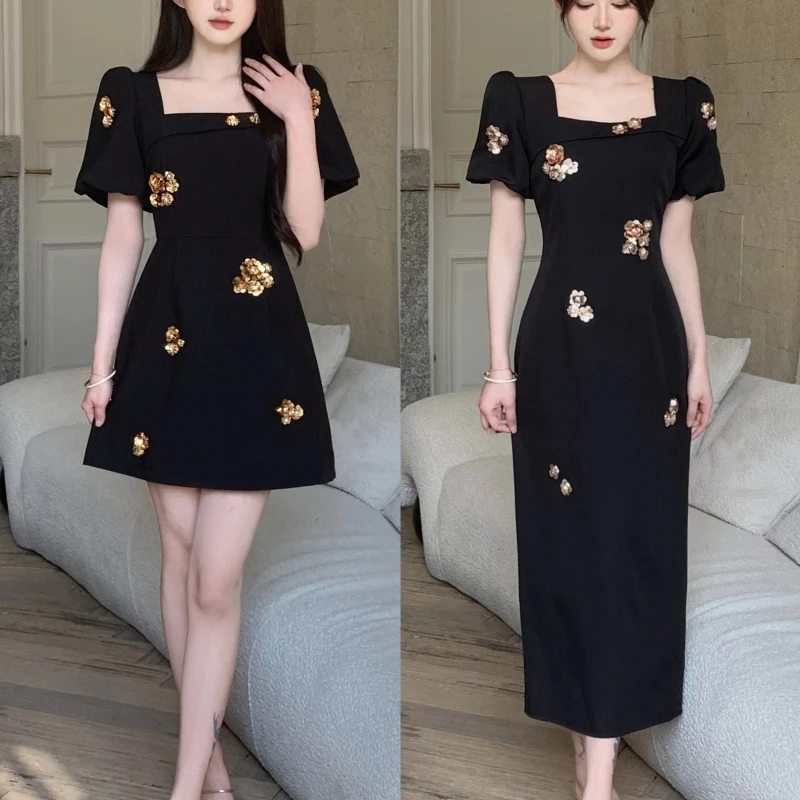 【朵拉】大码女装短袖方领夏季赫本风显瘦夏装小黑裙法式气质连衣裙