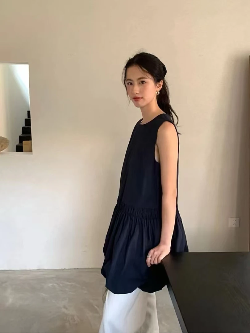 夏季小个子中长裙纯色减龄高级感蓬蓬无袖连衣裙女黑色时尚花苞裙