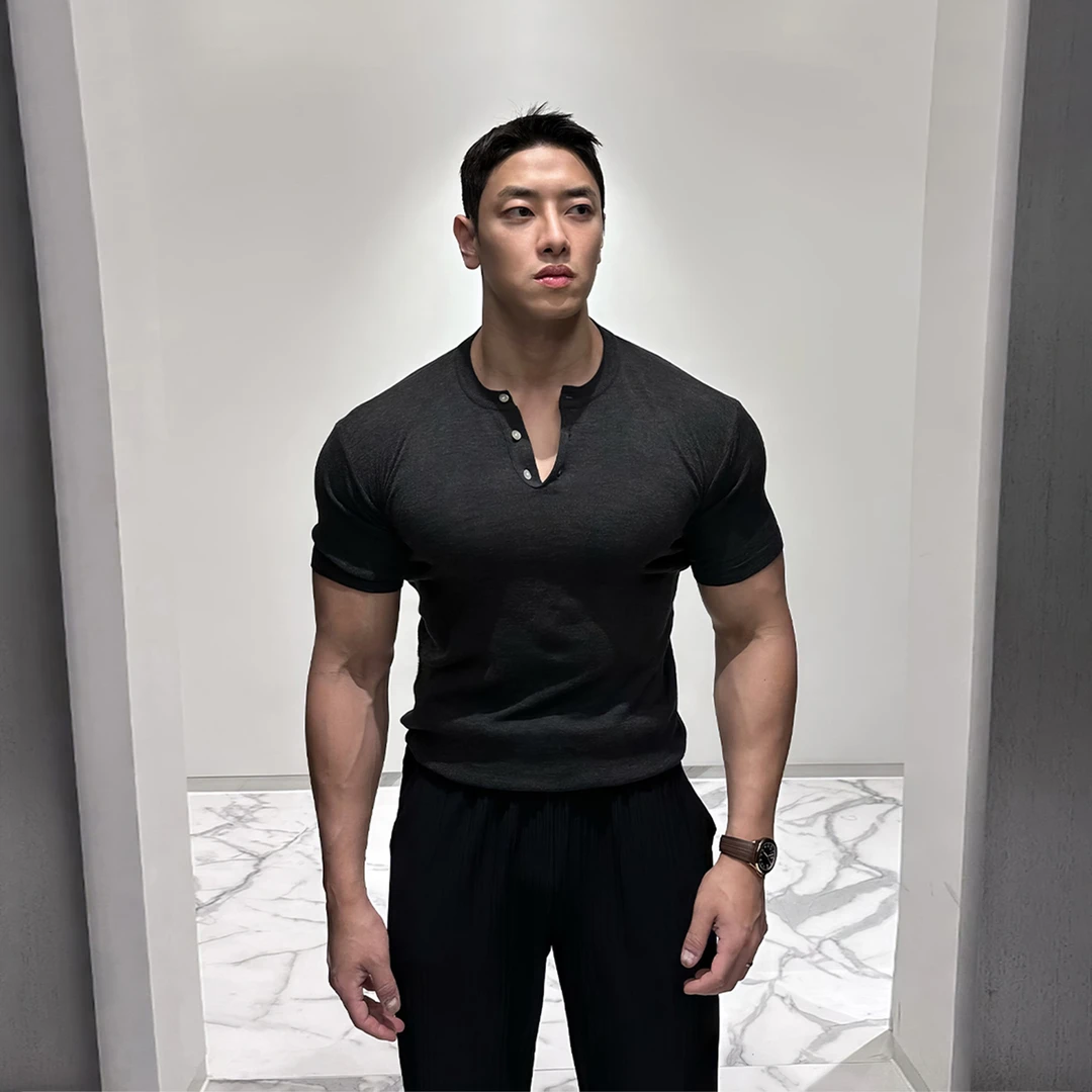 亨利领T恤男士短袖夏季美式高街休闲运动简约风弹力透气爆款体恤