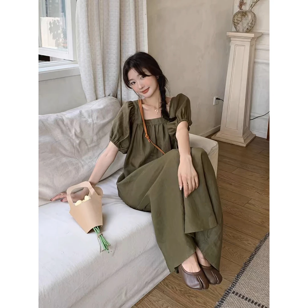 军绿色方领连衣裙女夏2025新款韩系艺术生简约气质爆款长裙流行