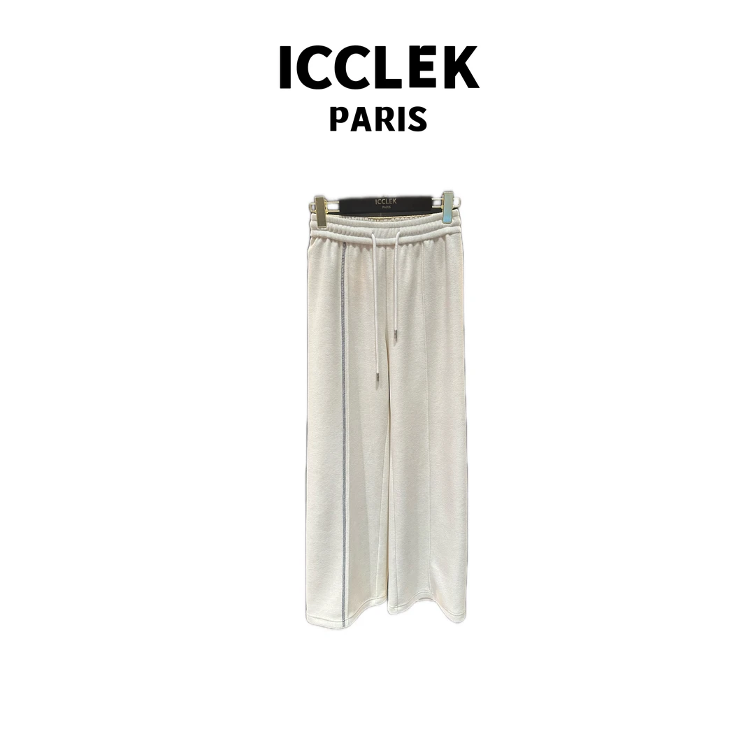 ICCLEK 设计师款高腰白色抽绳加厚收腰显瘦阔腿裤 - 9334