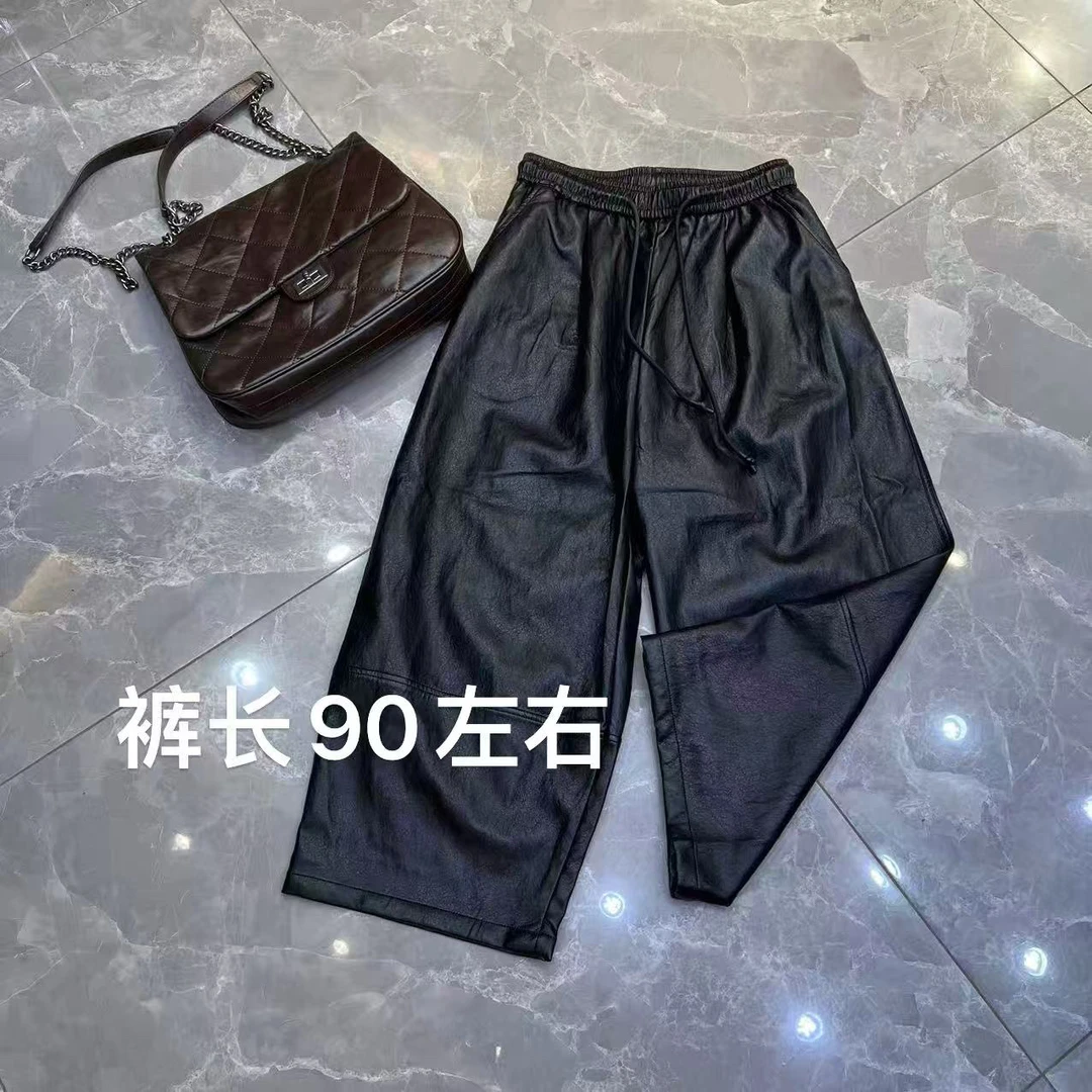2902#松紧腰抽绳阔腿皮裤奶奶裤显瘦小皮裤
