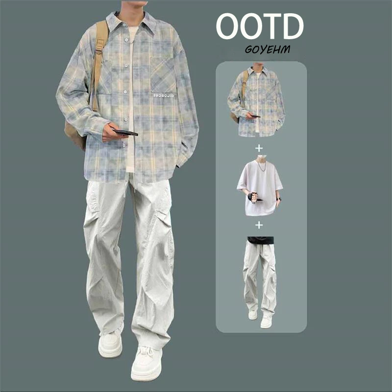 阳光干净长袖衬衫男套装秋季ootd穿搭一整套潮痞帅衬衣青少年外套