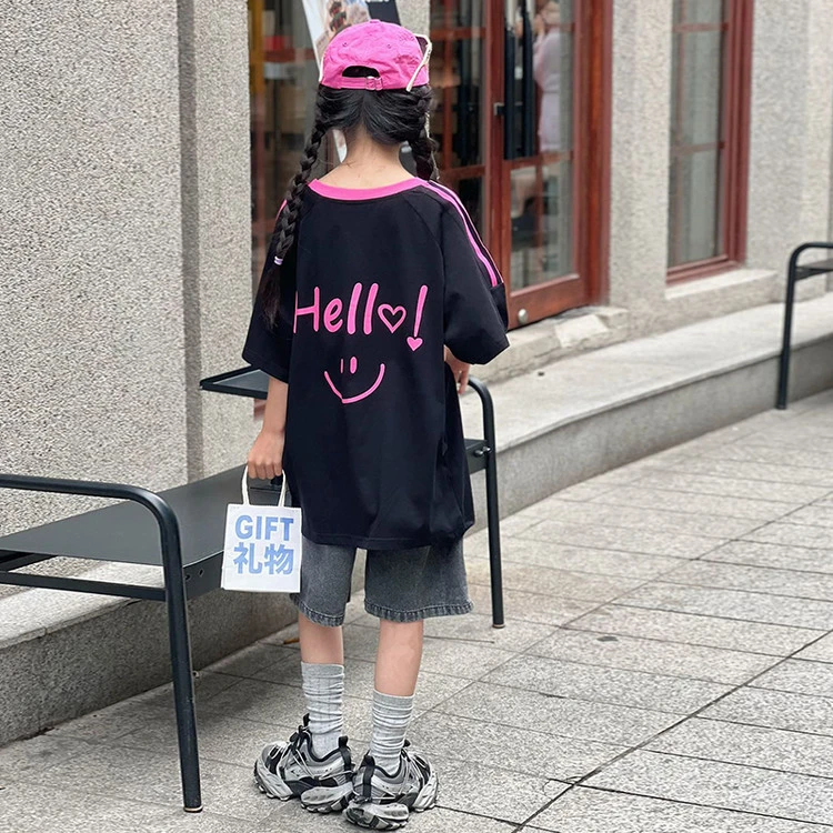 圆领夏季女中大童百搭印花吸汗短袖T恤女童中长款上衣休闲童装