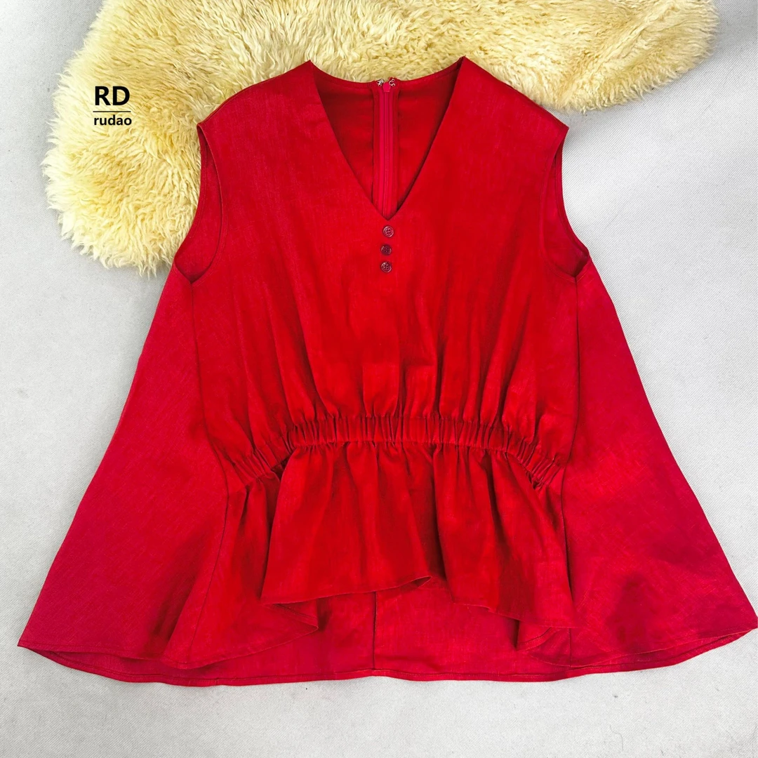 rudao/汝道红色记忆麻质时尚休闲百搭洋气短款韩版显瘦衬衣马甲