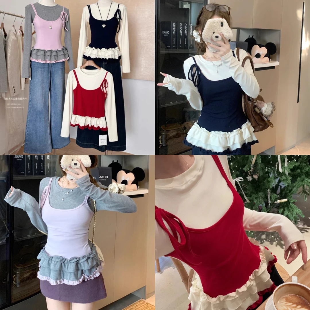 设计感假两件长袖T恤女2025早春甜美韩系木耳花边内搭打底衫上衣