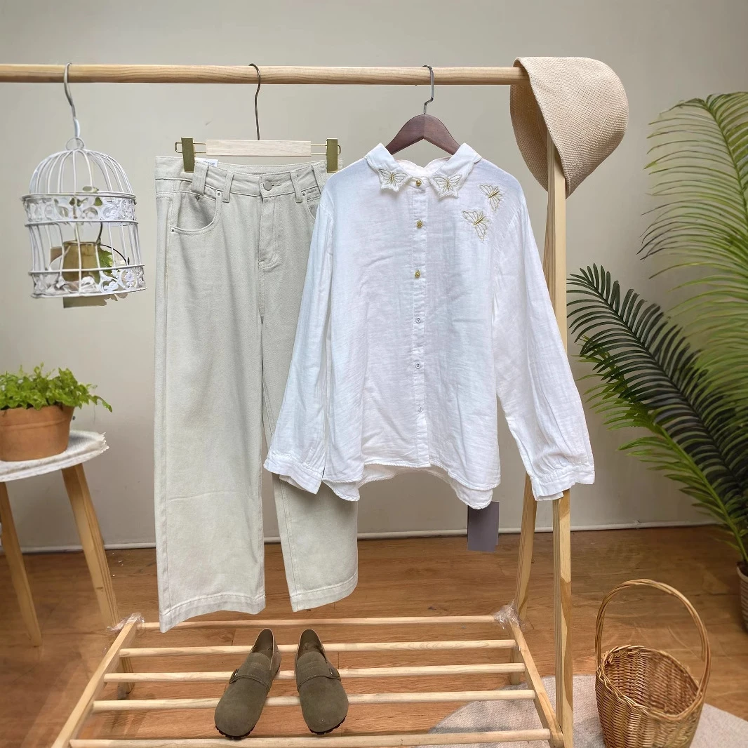 【金丝蝴蝶金扣刺绣棉纱衬衫】9318