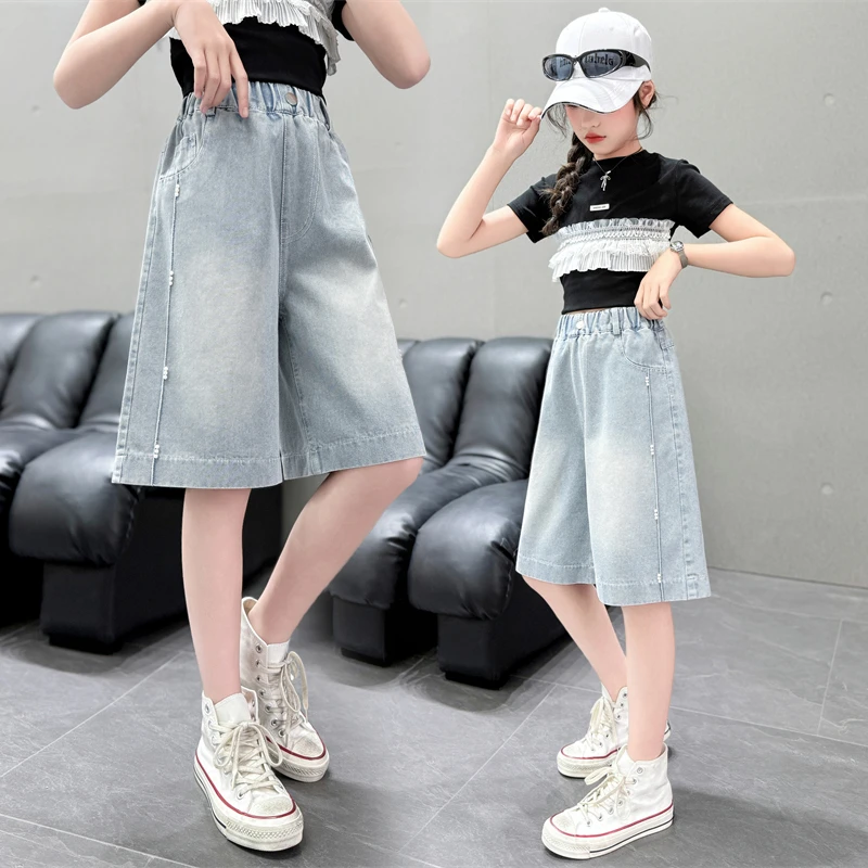 女童夏季薄款五分裤洋气新款6-12岁儿童宽松牛仔中裤大童夏天裤子