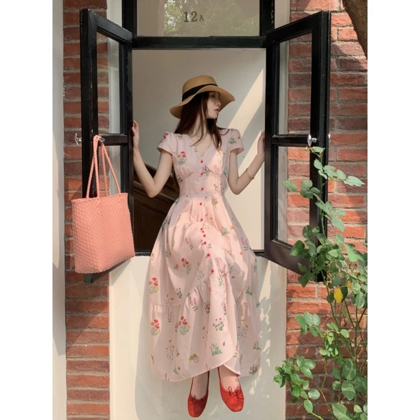 【甜心轰炸机】法式气质印花连衣裙夏季显瘦系带收腰长款裙子