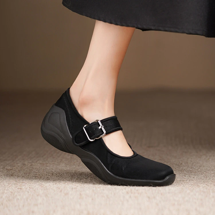 4CM 2025年春秋新款复古单鞋圆头中跟百搭真皮软底厚底女鞋