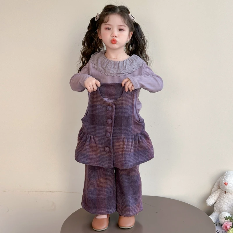 女童开学季套装新款小女孩洋气时髦潮衣女宝宝春秋季格子三件套潮