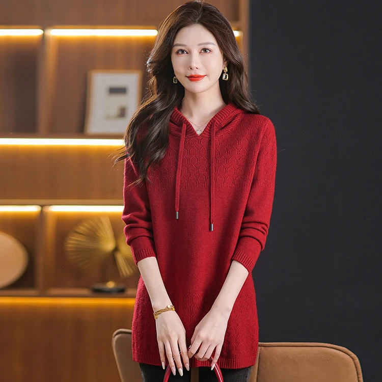 中长款卫衣女遮屁股秋冬新款连帽针织衫上衣宽松遮肚子毛衣打底衫