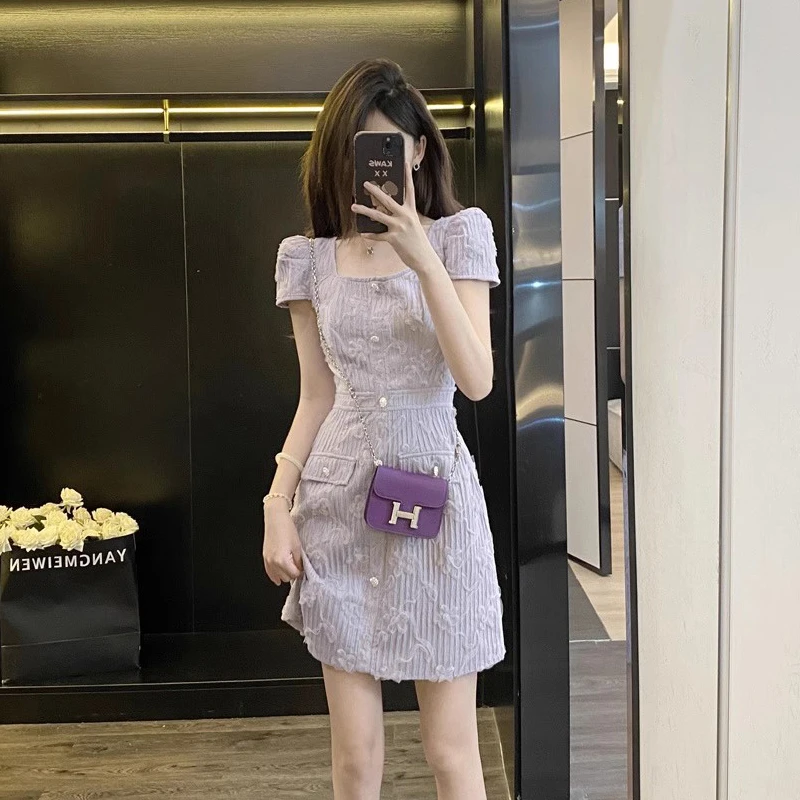 【朵拉】微胖大码女装夏季气质小香风胖妹妹中长款紫色连衣裙