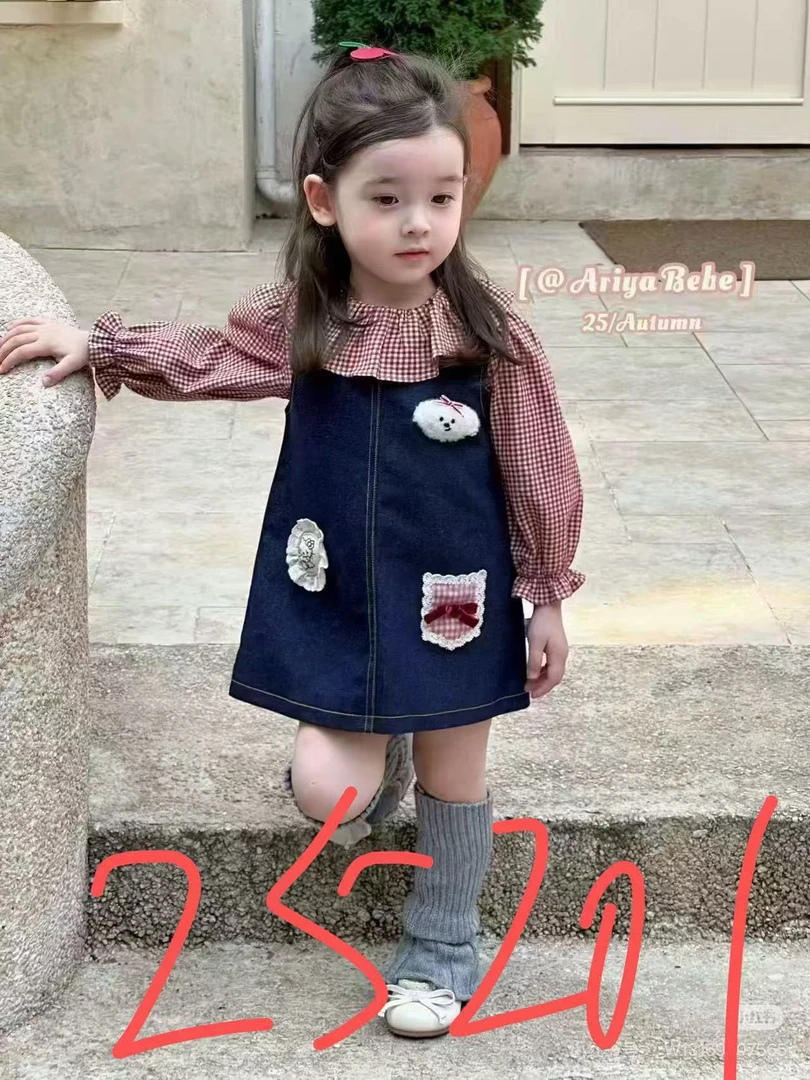 女宝秋季新款红格衬衫牛仔裙两件套套装