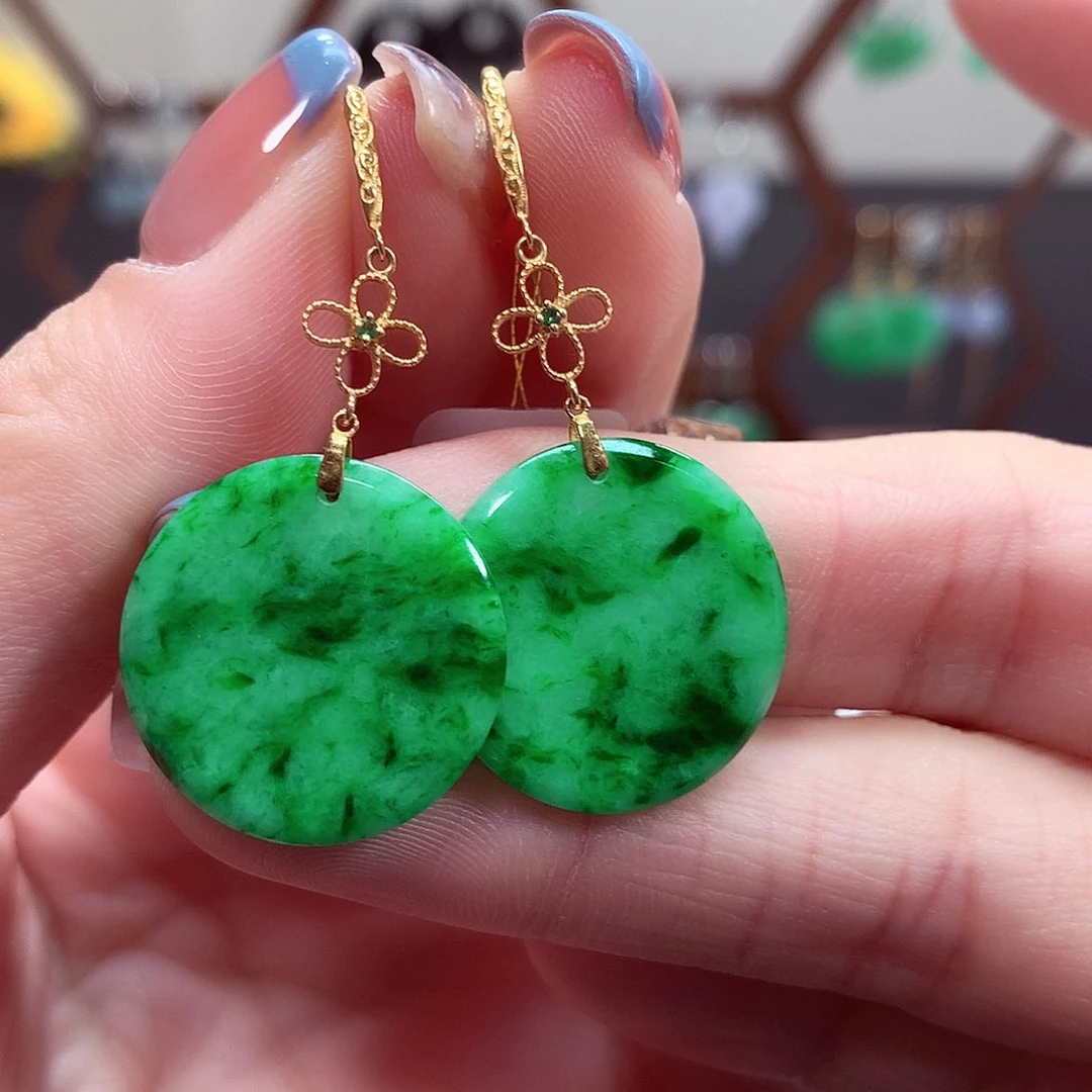 翡翠耳饰18K金镶嵌天然翡翠