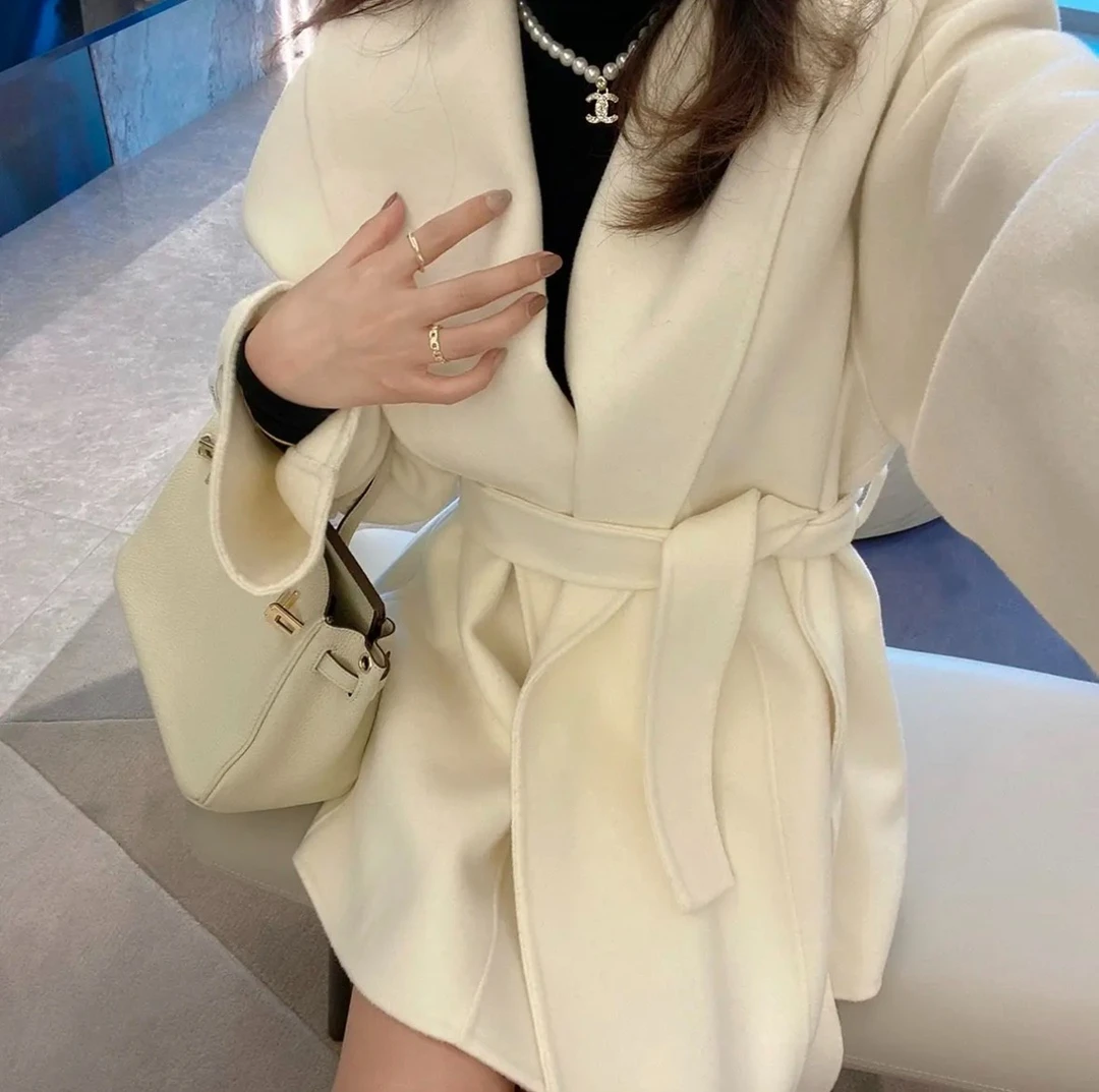 直播选款  韩版秋冬中长款宽松型女双面毛呢外套通勤风常规极简风