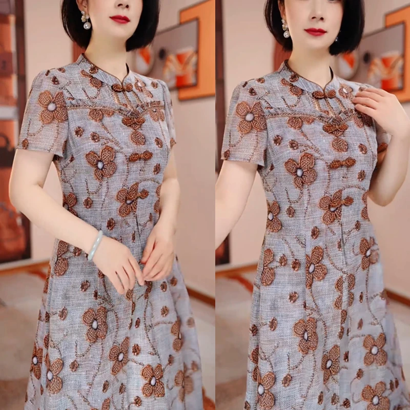 咖色改良旗袍夏季新款遮肉显瘦中长款连衣裙优雅复古H5B128中国风