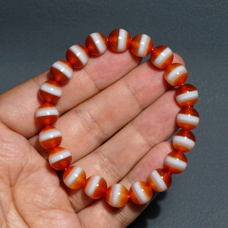 天然红冰宽线一线药师玛瑙手串10mm冰透白线圆珠佛珠男女款手链