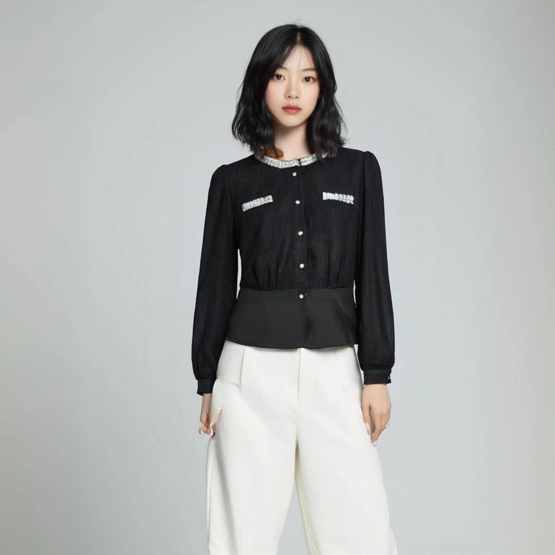 5039 春季轻熟风手缝亮片高级质感长袖百搭黑色衬衫小衫FS