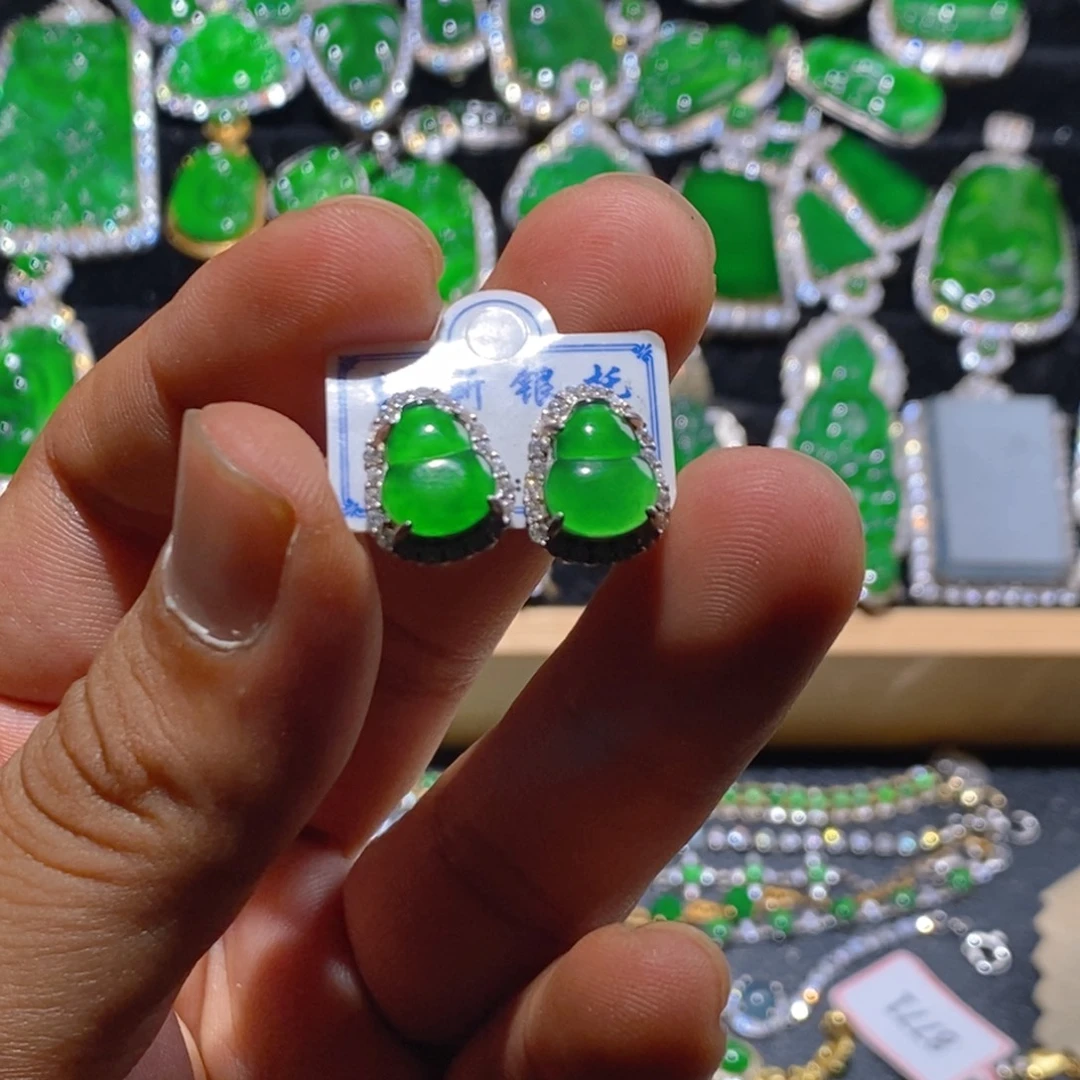 银S925镶嵌翡翠耳饰天然A货翡翠