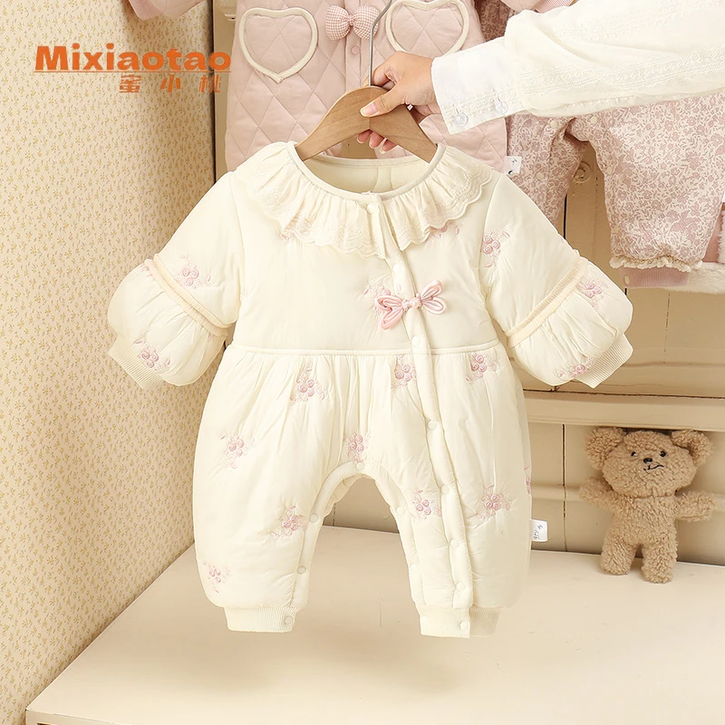 冬款雪山玫瑰夹棉连体衣保暖外出服周岁哈衣宝宝哈衣婴童衣服打底