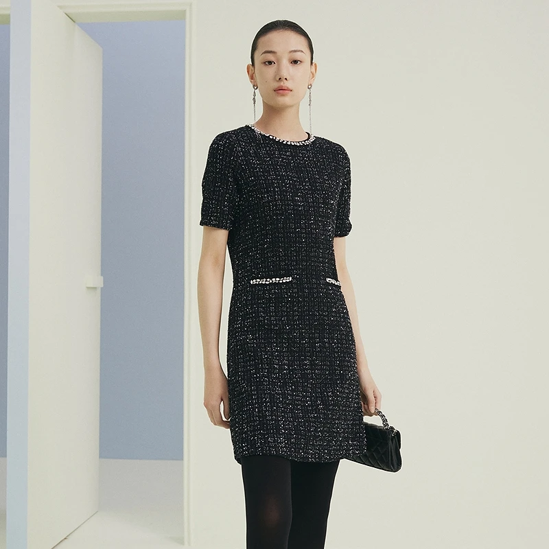FS优雅珠片香风肌理修身针织连衣裙女25春新款9422A
